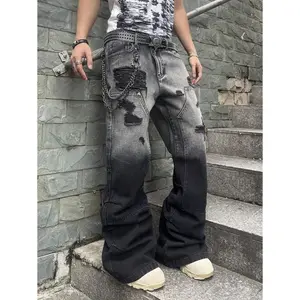 Manfinity Hypemode Men's Loose Ripped Pocket Wide-Leg Casual Denim Jeans, Frayed Jeans Plain Long Baggy Black Cargo Jeans, For Husband, Boyfriend Gifts Going Out Hang Out Commute Street Vacation, Emo Style