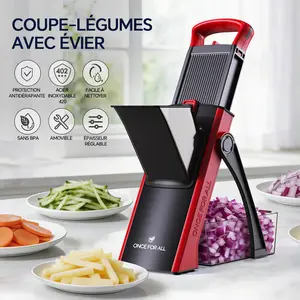 ONCE FOR ALL vegetable cutter with collection tray, ideal vegetable slicer for cutting potatoes and French fries, onion cutter, cucumber slicer—dicing, julienne cuts, gift (black/red + measuring markings)