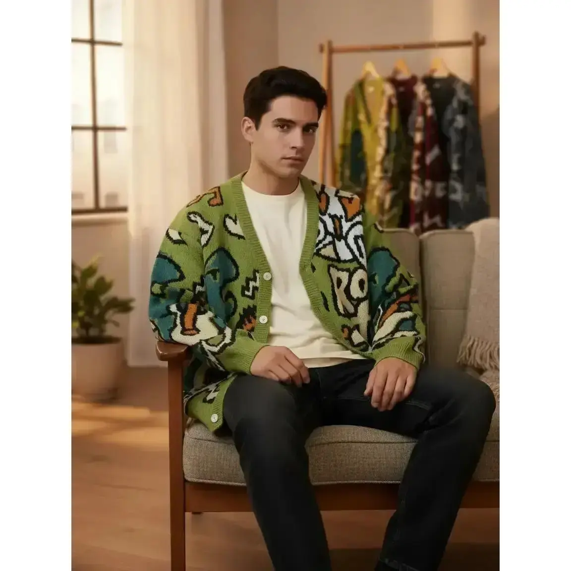 Men's Graphic Knitted Cardigan with Dinosaur & Letter All Over Print, Casual Loose-Fitting V-Neck Long Sleeve Button Front Knitwear, Letters, Animal And Letter Designs Men's Cardigans