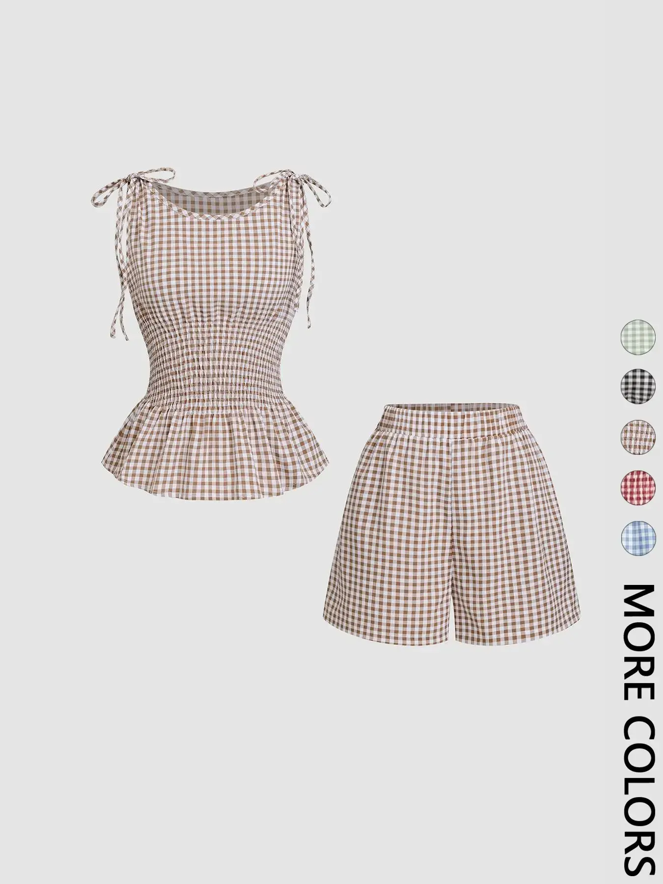 Women's Gingham 2-Piece Matching Set, Adjustable Tie Strap Smocked Waist Peplum Tank Top & Shorts, Lightweight Breathable Fabric, Aesthetic Casual Outfit for Daily Wear, Vacations, Home Relaxation and Leisure Occasions