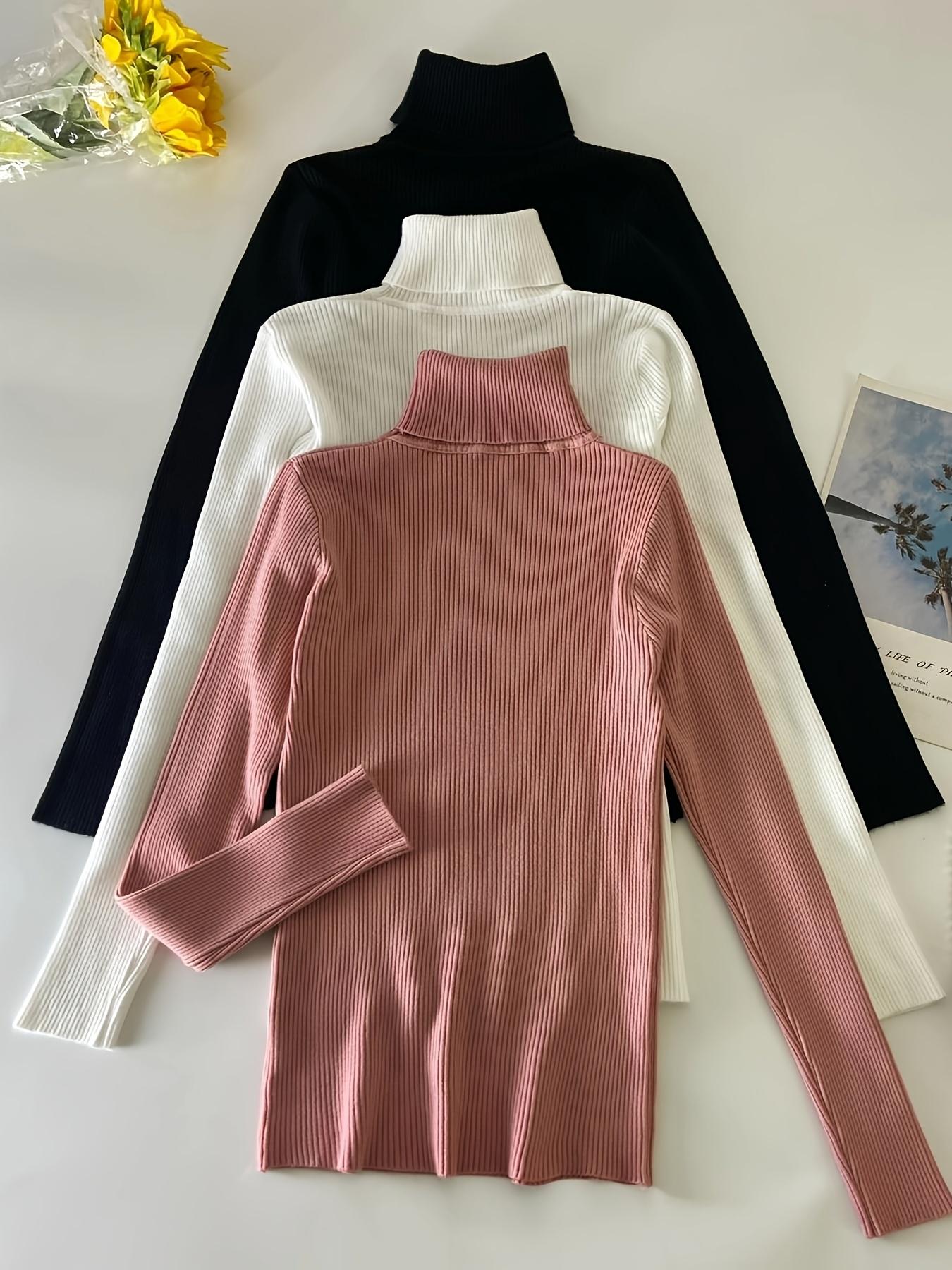 Women's 3-Pack Long-Sleeve Knitted Turtleneck Pullover Sweaters - Solid Color, Casual Fall Winter Basic High-Neck Clothes
