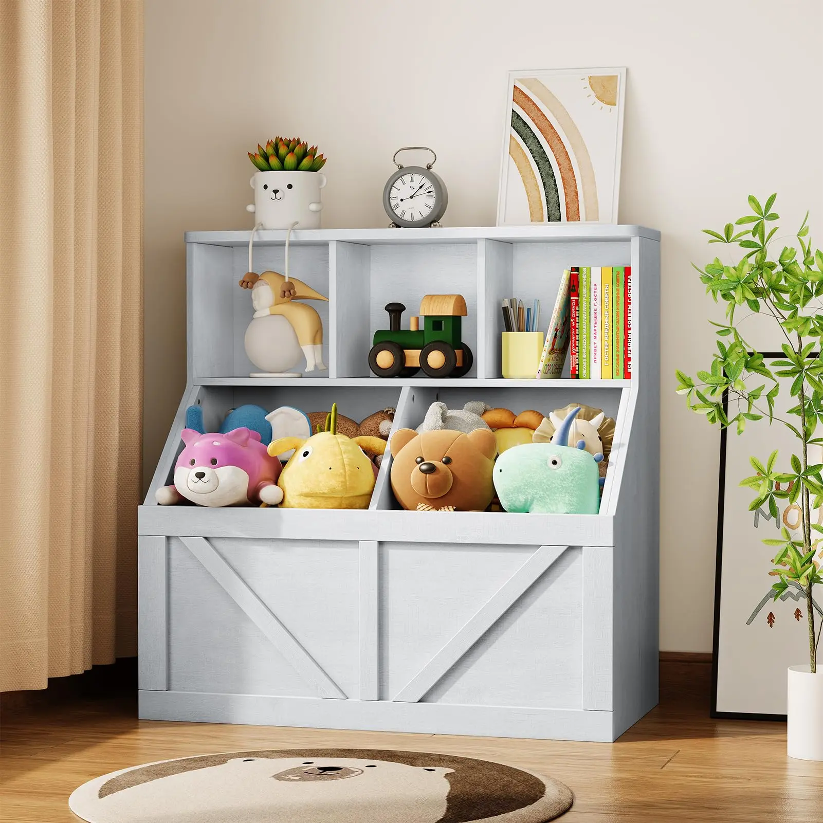Kids Toy Storage Cabinet and Bookshelf, Toy Organizer for Playroom Bedroom and Nursery in Vintage White Finish