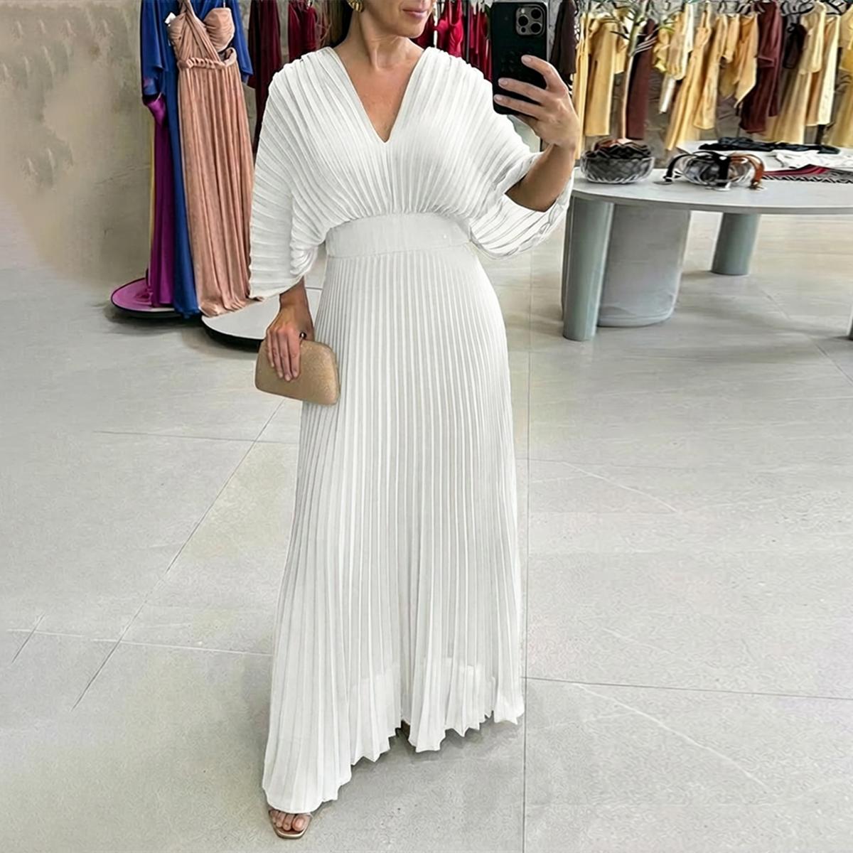 ChicMe Women's St. Patrick's Day Green Dress Elegant Pleated Maxi Dress V Neck Flutter Sleeve Cocktail Party Evening Gown Flowy Wedding Guest Prom Dress