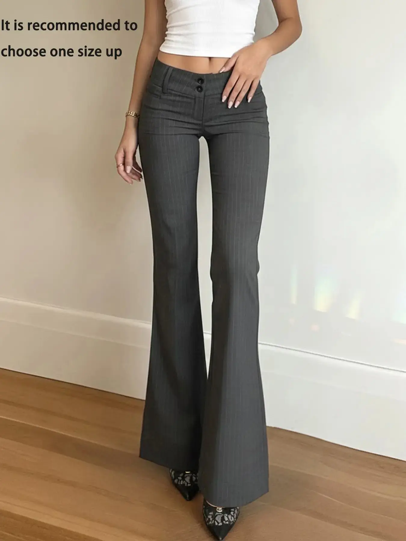 Vertical Striped Flare Suit Pants for Women, Y2K Style Low Waist Slim Fit Fitted Casual Long Pants, Casual Zipper Trousers, All Seasons Commuter Wear Bottom, Womenswear