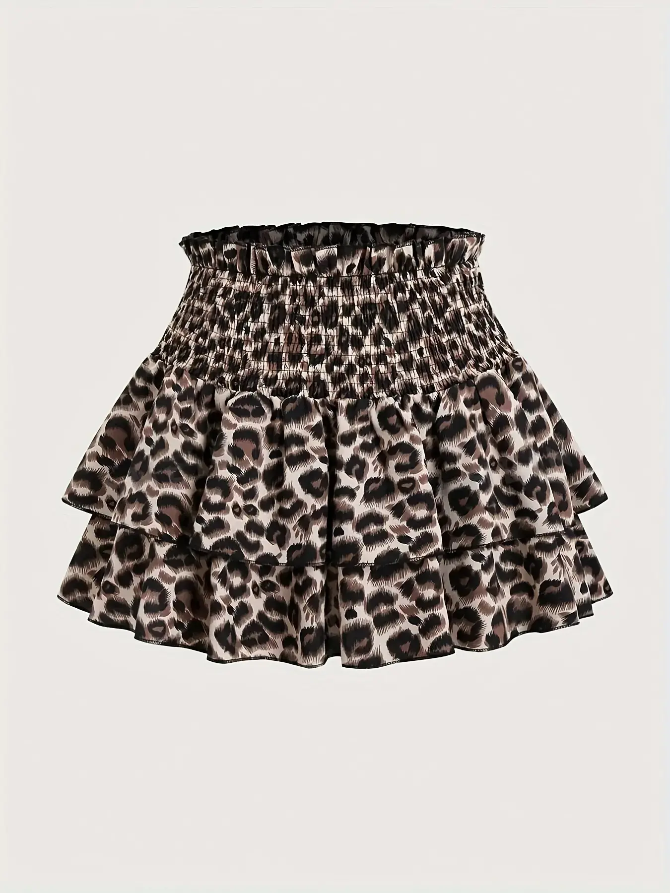 Leopard Print Double Layer Frill Ruffle Hem Pleated Skirt, Stylish Casual Fitted Short Midi Skirt for Women, Perfect for Summer & Fall Fashion, Casual Fashionable Skirt