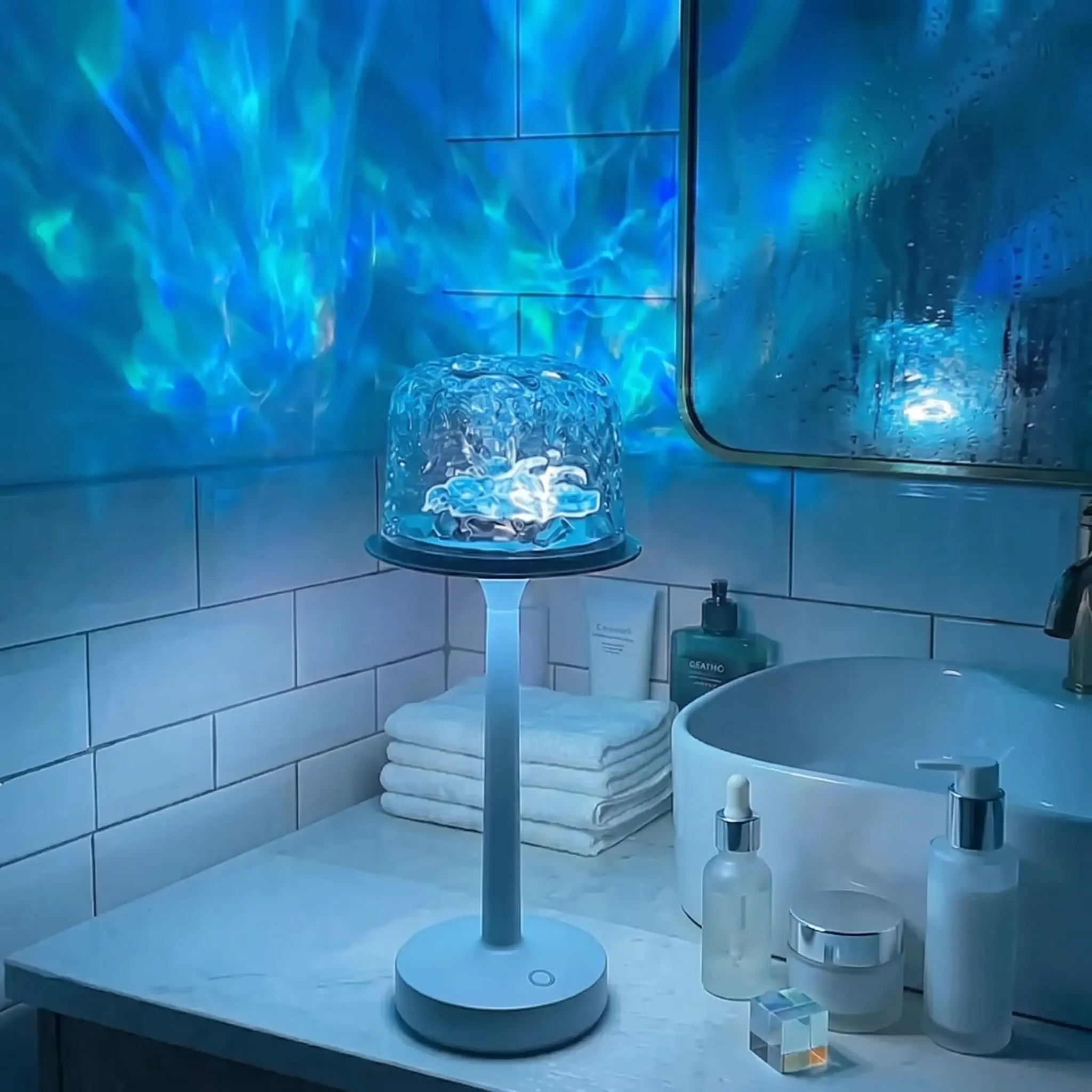 Rechargeable Waterproof Ocean Wave Projector Lamp, 16 Colors RGB LED Bathroom Spa Light with Remote & Touch Control, Cordless Mood Light for Bathtub Bedroom