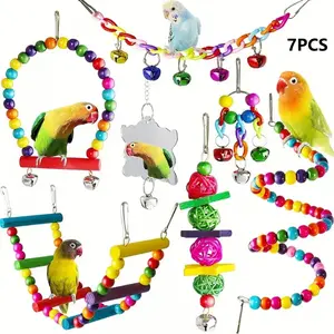 Bird Swing Hanging Toy, Colored Wooden Hanging Ladder Toy with Mirror & Hook, Colorful Hanging Swing Toy Bells for Bird, Bird Toy, Parrot Toy, Parrot Chewing Toy