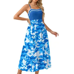 Women Contrast Color Cami Dress Spaghetti Straps Maxi A Line Dress