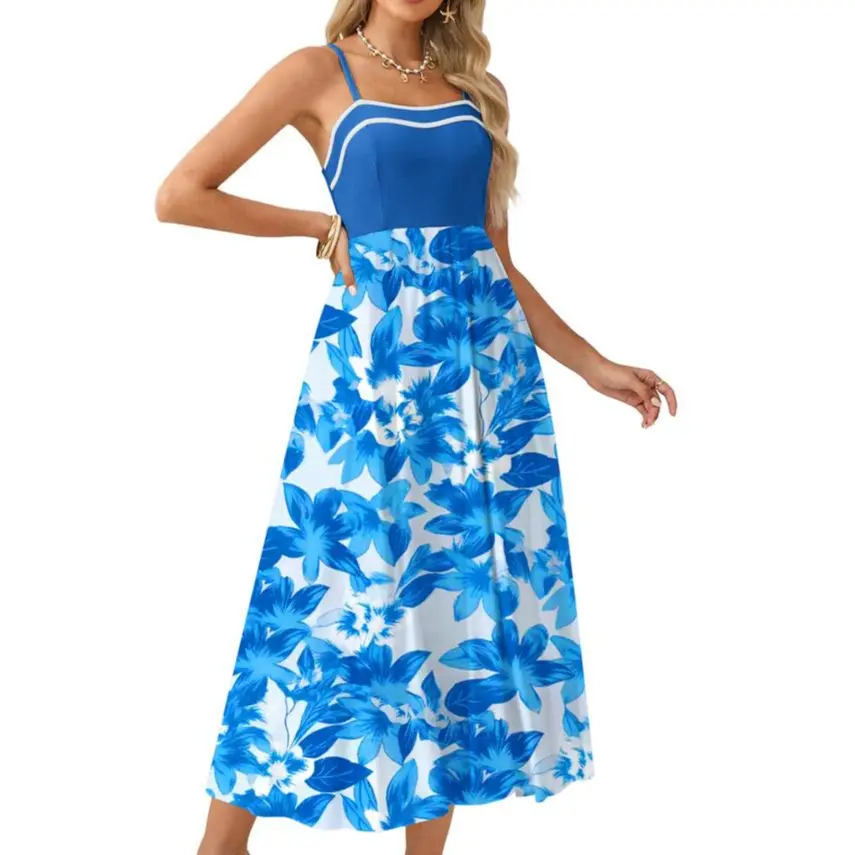 Women Contrast Color Cami Dress Spaghetti Straps Maxi A Line Dress