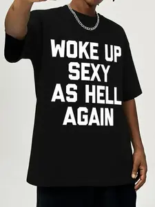 Men's Fitted Long Sleeve White Tshirt - All Over Print Viral Funny Text Graphic Tee, Confident Streetwear Casual Top,summervibes