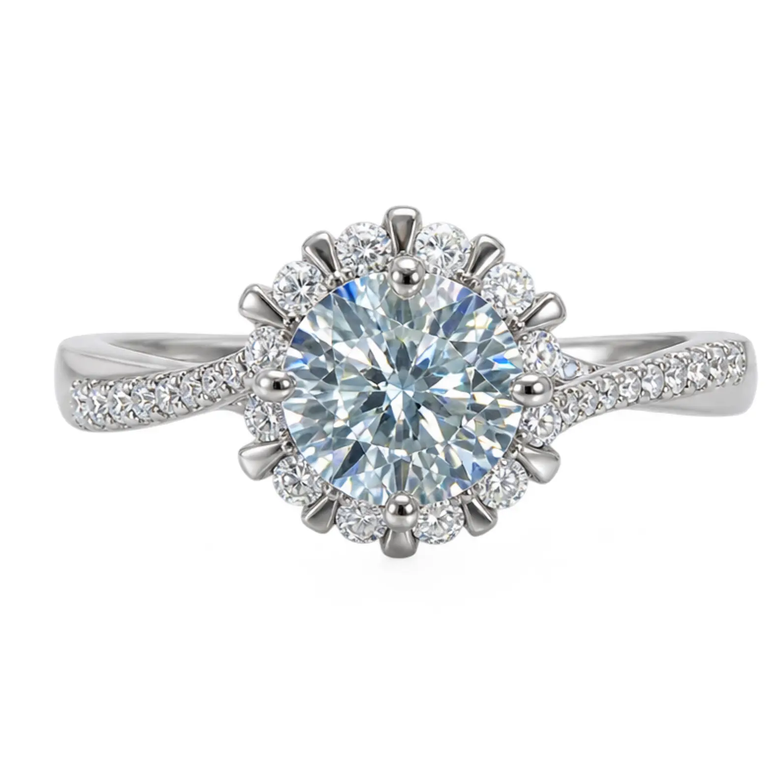 Light‑Blue Round Moissanite Halo Engagement Ring for Women, Twisted Paved Shank Promise Wedding Ring, Elegant Sun‑Flower‑Style Halo Bridal Jewelry, Romantic Anniversary Birthday Valentine’s Gift for Her