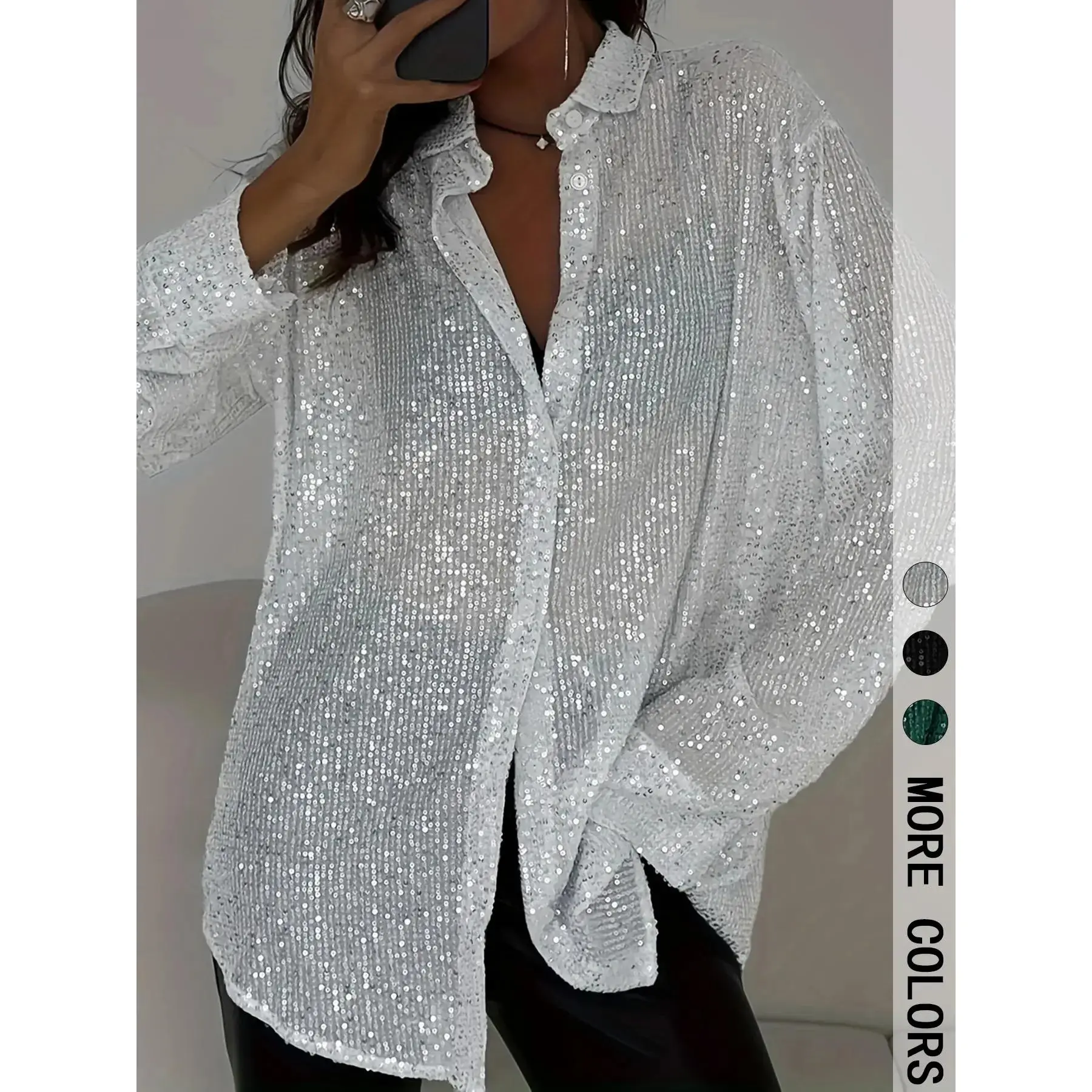 Women's Lightweight Sequined Sheer Long-Sleeve Button Blouse - Elegant Fitted Top for Evening Parties, Going Out, Button Blouse Shirt