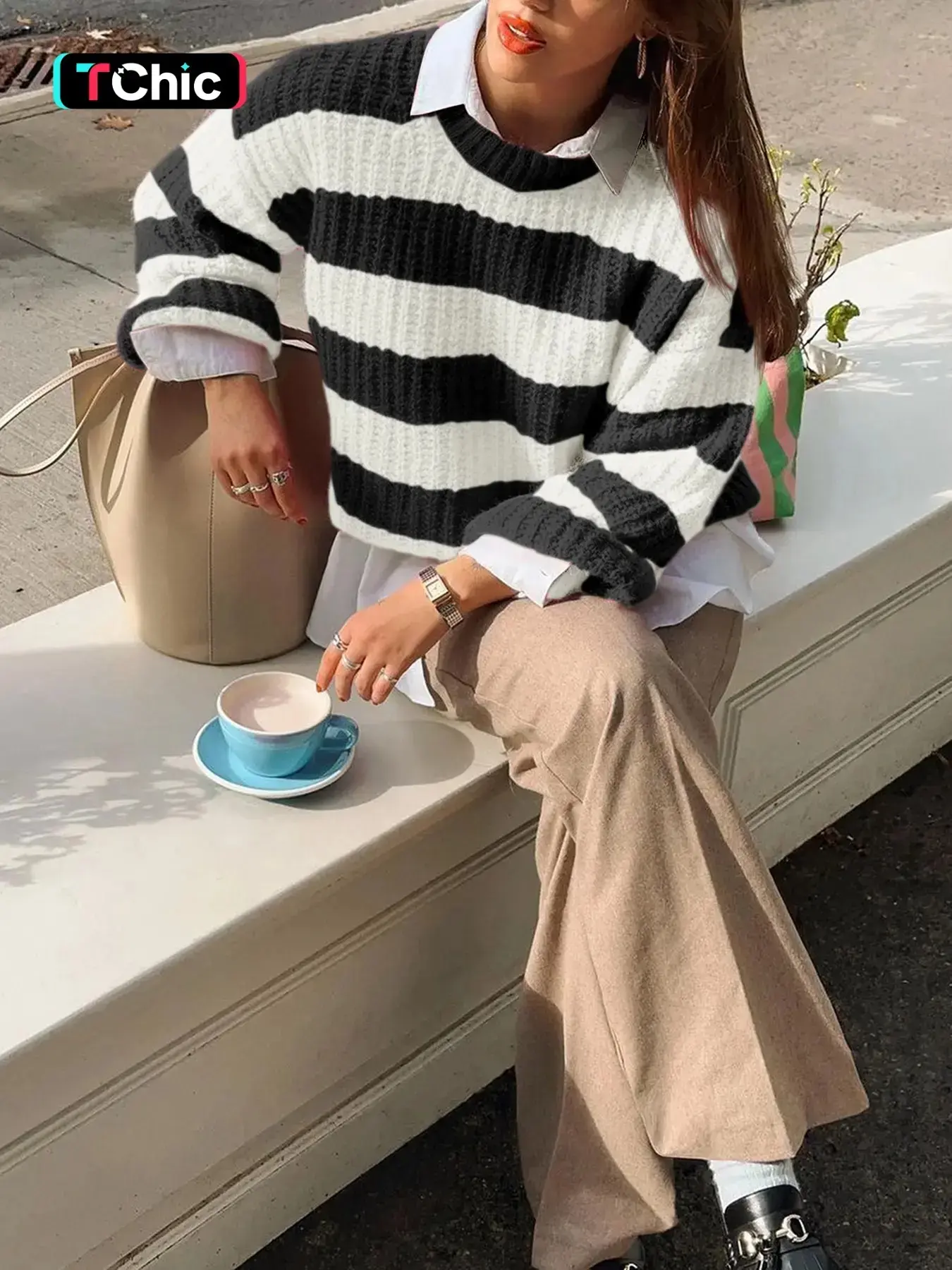 Women's Round Neck Colorblock Striped Knit Sweater, Long Sleeve Loose-Fitting Casual Pullover for Fall & Winter, Comfortable Daily Wear