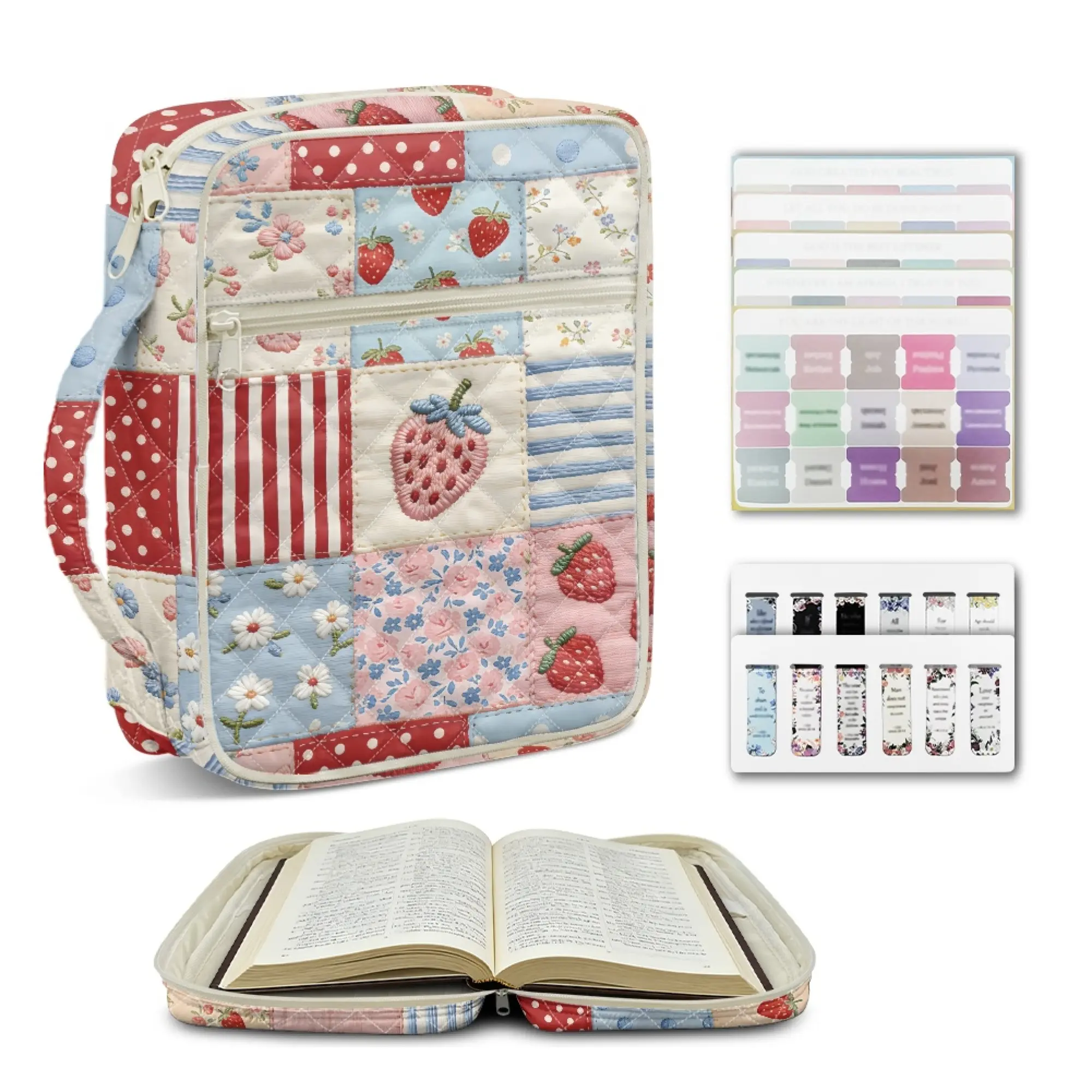 Quilted Cotton Bible Carrying Case with Lovely Strawberry Patchwork Pattern, Soft Protective Bible Cover Bag,Travel Friendly Scripture Organizer Comes with Sturdy Handle & Exquisite Bookmarks Fit Most Standard Bibles,Religious Christian Present for Ladies