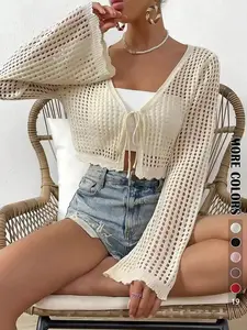 Women's Crochet Hollow-Out Adjustable Tie-Front Cropped Knitting Cardigan, Casual V-Neck Long Bell Sleeve Lightweight Feminine Knitwear, Elegance Boho Beach Cover-Up for Spring & Summer Vacation,summervibes