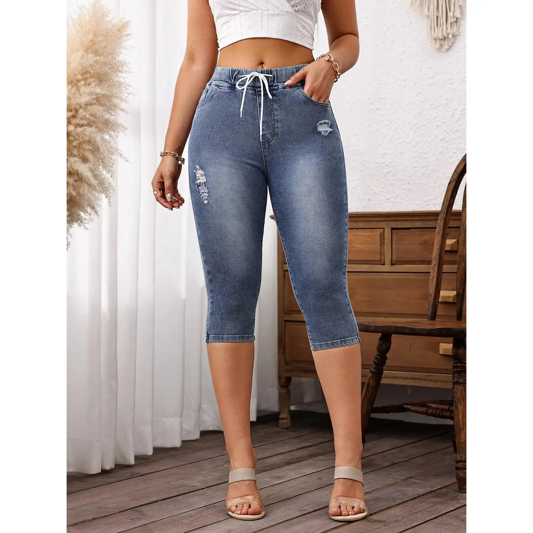Women's Solid Basic Adjustable Drawstring Elastic Waist High Waist Ripped Capri Jeans Light Wash Faded Skinny Cropped Daily All Seasons 2026