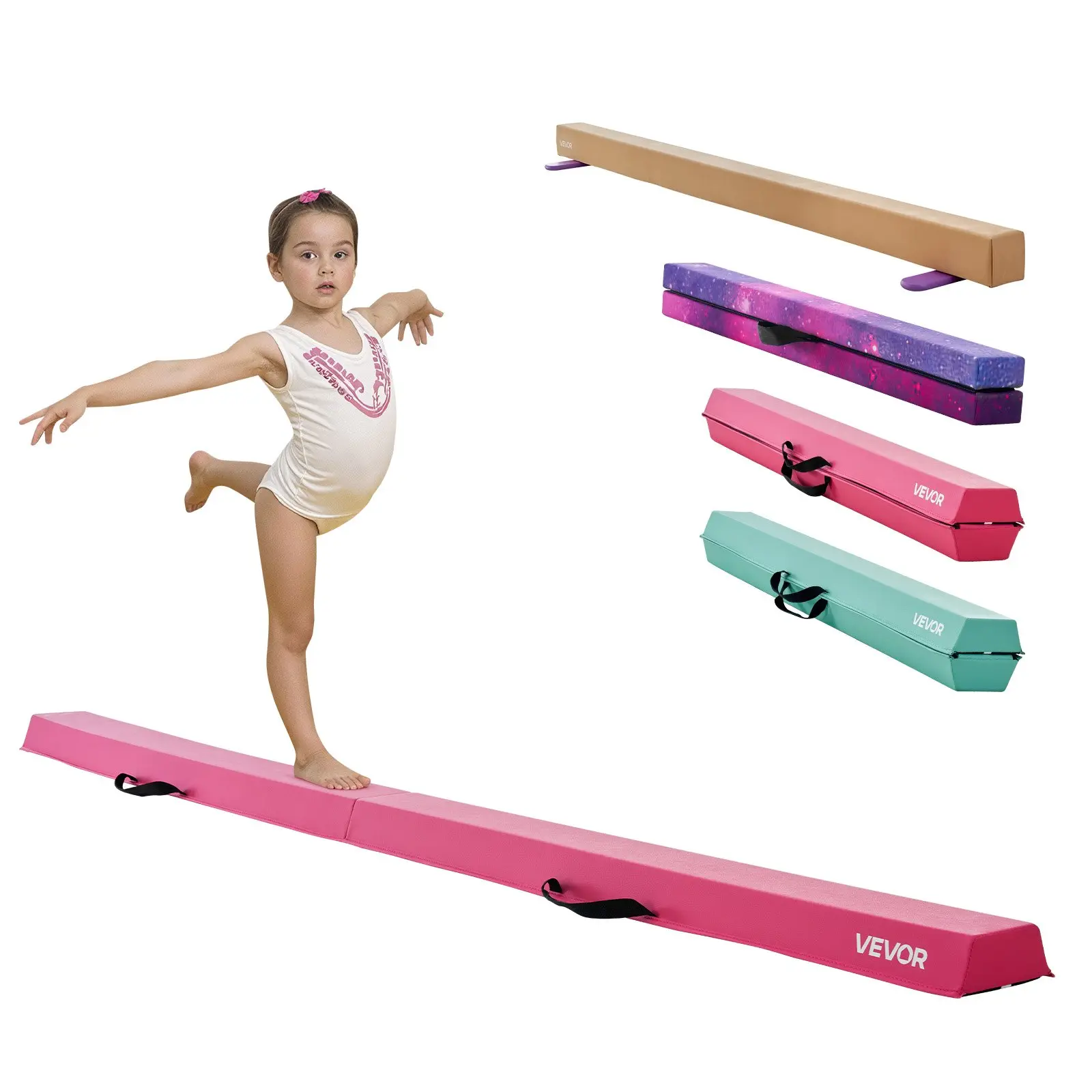 VEVOR 8FT Folding Gymnastics Beam for Kids, 200LBS Stable Support Floor Beam with Non-Slip Mats, Non-Slip Bottom, Home Gym Training Equipment with Carrying Bag, Pink