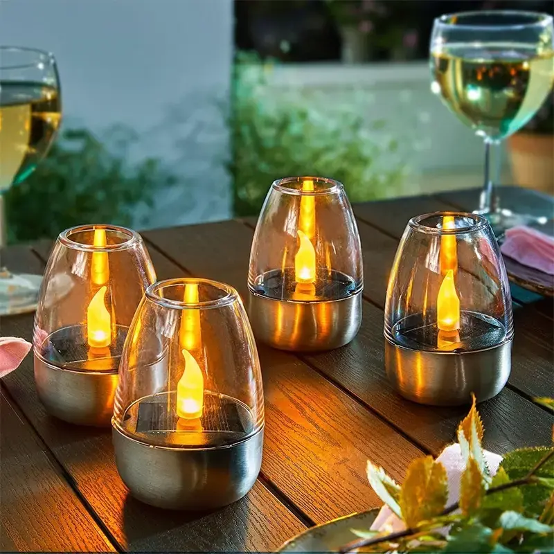 Solar tea lights, outdoor garden lights, solar lanterns, stainless steel candles, decorative solar lights, ideal for creating a romantic atmosphere, suitable for home bars, restaurants, camping, and St. Valentine’s Day decoration