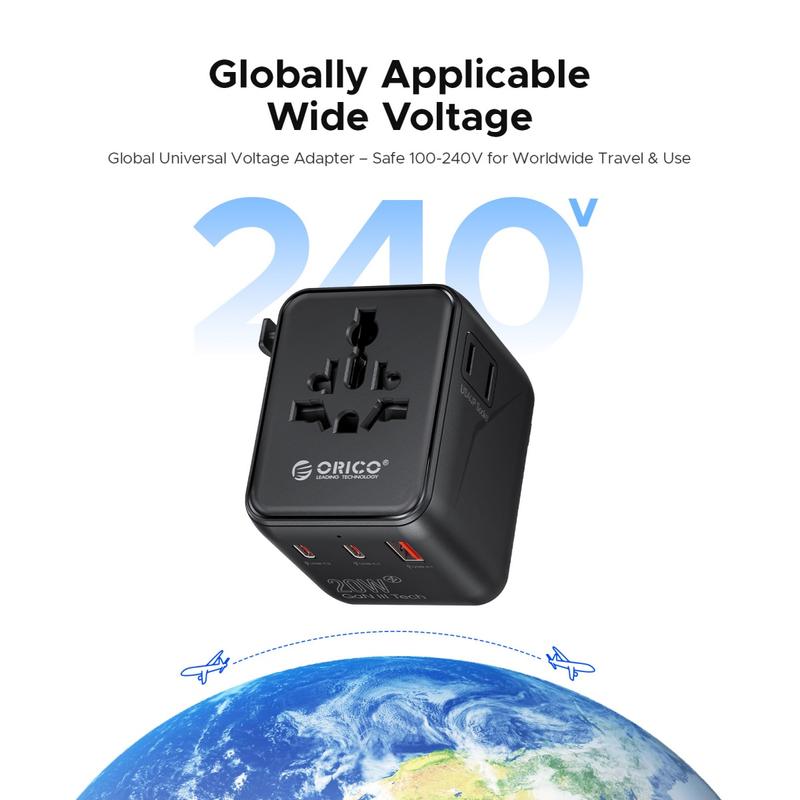 ORICO Universal Travel Adapter, USB C Fast Charging Plug Adapter Compatible with USA & Europe (UA AC) -UA