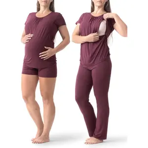 Womens Maternity Nursing Pajamas Set, Short Sleeve Breastfeeding Shirts,Pregnancy Shorts & Pants 3 Piece Nursing PJS