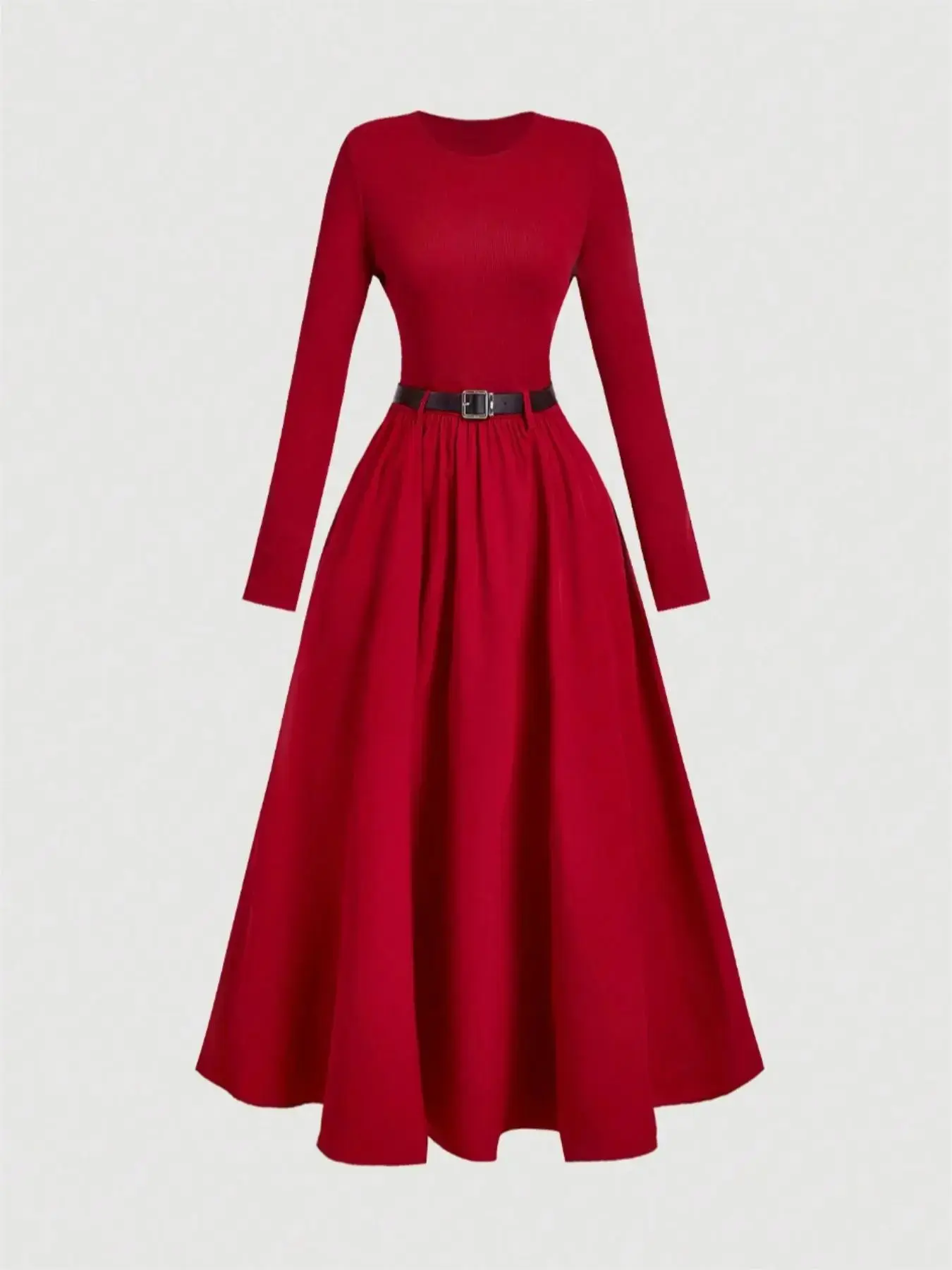 Women's Solid Color Long Sleeve Dress with Belt, Classy Modest Dresses, Elegant Fashion Casual Round Neck Dress for Daily Outdoor Wear, Women Dress for Spring & Fall, Modest Style Dress