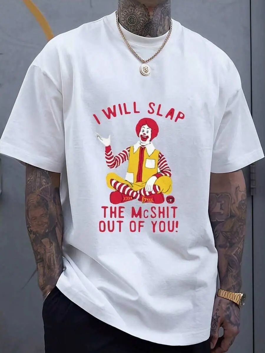 Men's Plus-Size Funny McDonald's Clown Pattern T-Shirt - "I'm Going To Beat You To A Pulp" In Eye-Catching Red Text - Soft And Breathable Fabric.