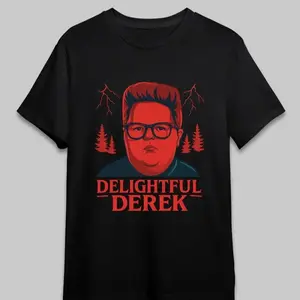 Men's Short-Sleeve Round Neck Stranger Things 'Delightful Derek' Viral Graphic T-Shirt, Retro Edgy Streetwear Casual Menswear Top, Trending Show Fandom Merch, Urban Culture Must-Have for Guys, Shortsleeve, Tshirt