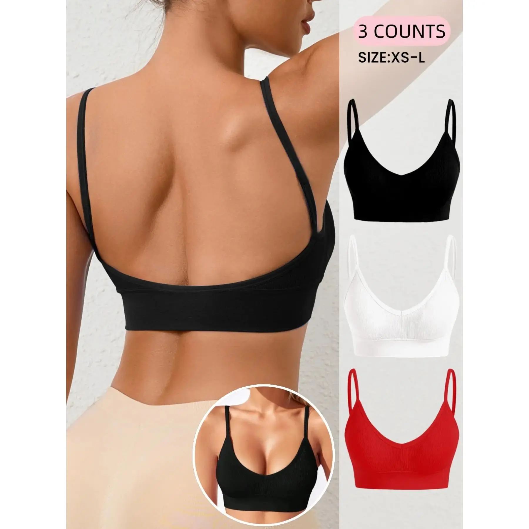 Women's Ribbed Deep V-Neck Bra, a Seamless and Wire-Free Bralette with Unlined Cups and Backless Design for Moderate Support, Ribbed Fabric, Everyday Moderate Support, Bras For Women, Seamless Cups, Basic, Minimalist