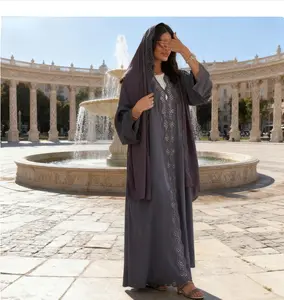 CL72 Black lace bead open abaya with matching khimar Modest maxi dress outfit split cuff hijab luxury casual muslim clothing,Fashionweek