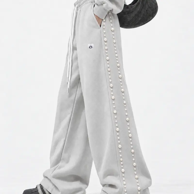 Aelfric Eden Women's Mid-Rise Barrel-Fit Comfortable Baggy Sweatpants - Pearl Detail, Soft Midweight Fabric, Vintage Streetwear Clothing, 1-Piece Bottoms with Relaxed Leg for Summer Vacation