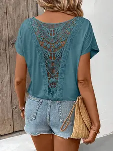 Round Neck Lace Patchwork Summer Short Sleeve T-Shirt