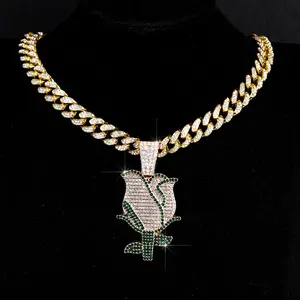 Full Diamond Multi-color Rose Pendant Trendy Hip-hop Cuban Chain Personalized Creative Flower Necklace