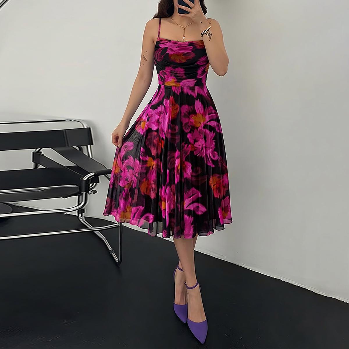 ChicMe Women's Vintage Oil Painting Floral Print Cowl Neck Adjustable Spaghetti Straps A Line Mesh Dress Elegant Cinched Waist Ruched Zipper Back Party Dress ChicMe Women's Vintage Oil Painting Floral Print Cowl Neck Adjustable Spaghetti Straps A Line Mesh Dress Elegant Cinched Waist Ruched Zipper Back Party Dress