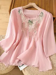 2025[Vintage Floral Blouse] Vintage Floral Embroidered Women's Blouse |           Loose Fit Asymmetrical Hem, Breathable Machine-Washable, Summer  New Round Neck Three-Quarter Sleeve Shirt, Casual Top