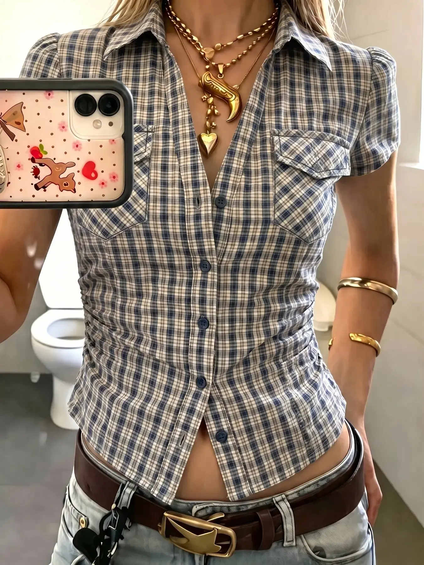 Versatile Blue & White Plaid Button-Down Shirt, Wrinkle Resistant Fitted Short Sleeve Shirt, Soft Stretch Cotton Top, 2026 Trending Preppy Style for Daily, Brunch, Campus and Street, Casual Sexy Outfit