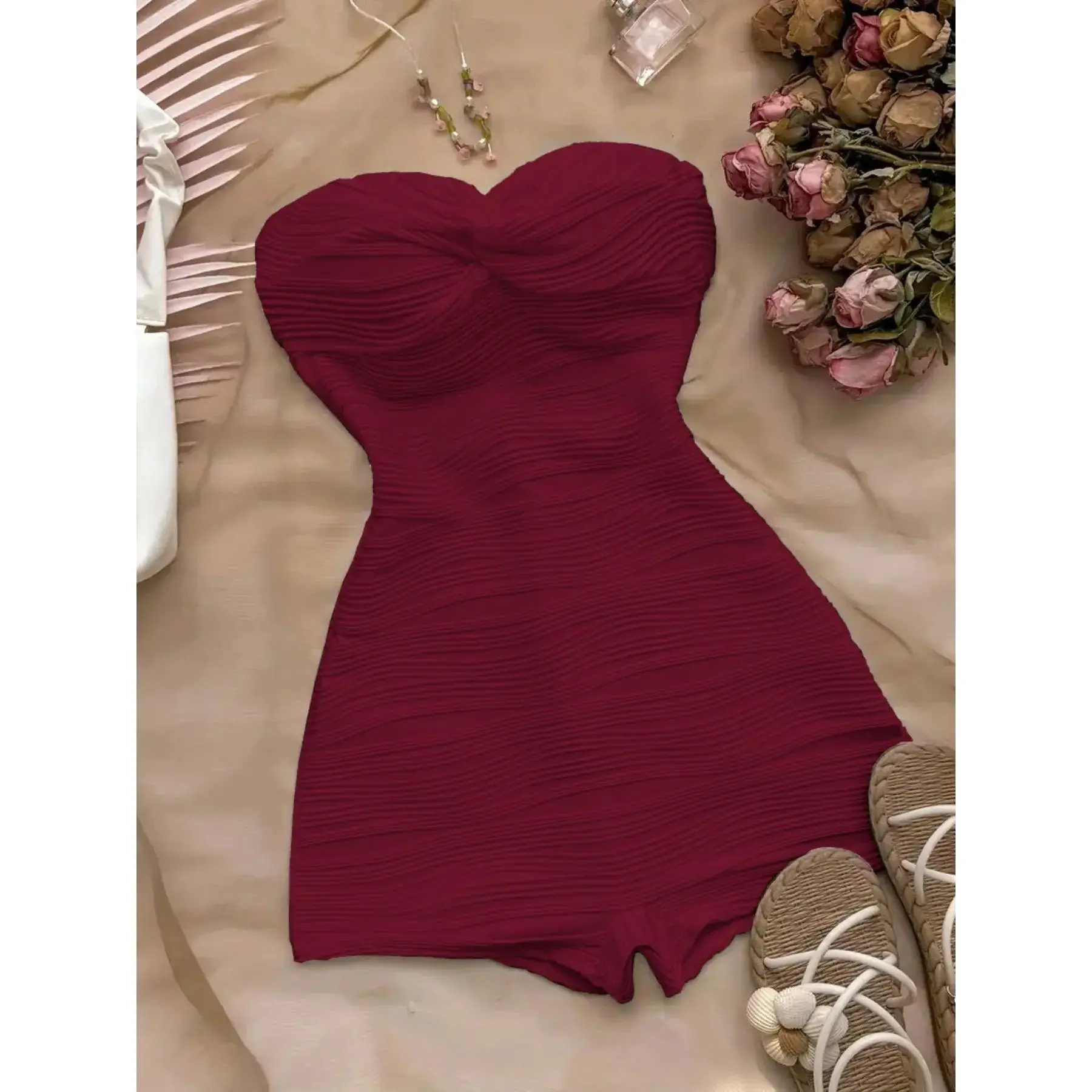 Elegant Wave Pattern Bodycon Slim Fit Dress, Ruched Strapless Sleeveless Design, Perfect for Casual & Party Wear, Women's Fashion Clothing, Womenswear