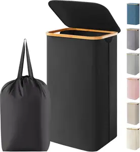 100L Laundry Basket with Lid, Clothes Hampers for Laundry with Bamboo Handles and 1 Removable Bag, Large Foldable Laundry Hamper for Bedroom, Bathroom, Dorm, Laundry Room, Black