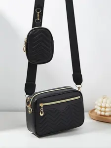 Set Unisex Fashion Quilted Leather Crossbody Shoulder Bag with Small Wallet, Casual Solid Color Square Zipper Bag with Adjustable Strap