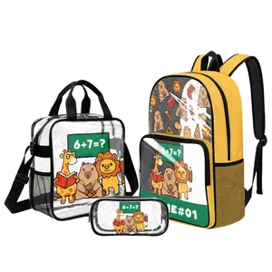 Personalised Kids Clear Backpack Set 3PCS Cartoon Animal School Bag with Lunch Bag & Pencil Case, 6+7 Cute Pattern Custom Name Transparent PVC Bookbag, Lightweight Large Capacity Back to School Rucksack with Side Mesh Pocket