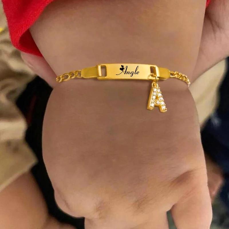 MP Kids Bracelets Personalized Name Customized Initial Letter Pendant Charm Accessories for Baby Children free gift box ,Stainless Steel Hypoallergenic Hand Chain 14K Gold Plated Jewelry Non Tarnish Birthday Gift for kids infant cute trendy