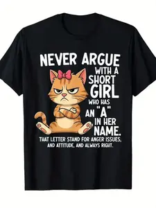 Men's Angry Cartoon Cat Graphic T-Shirt Funny Quote Black Tee for Cat Lovers Casual Crewneck Soft Breathable Fabric Machine Washable