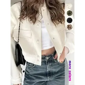 Women's Fitted Long-Sleeved Front-Buttoned Bomber Jacket with Simple Flap Pocket, Casual College Outerwear Coats for Everyday Wear