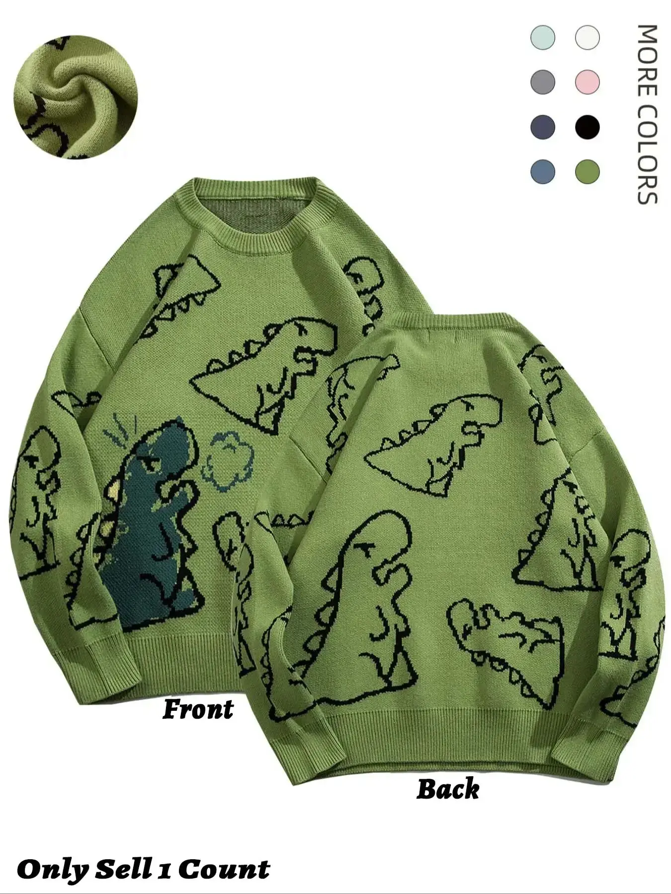 Men's New Trendy Classic Round Neck Long Sleeve Dinosaur Sweater, 1 Count Lounge Loose Baggy Crew Neck Jumper for Fall & Winter, Casual Men's Knit Clothing for Daily Wear, Knitwear