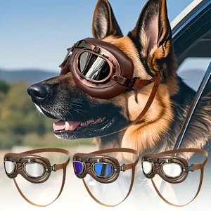 Retro Pilot Dog Fashion Glasses for Medium & Large Breeds - Adjustable Windproof UV Protection, Durable ABS Resin with Brown Leather-Like Straps & Blue Lenses - Stylish Pet Goggles for German Shepherds, Golden Retrievers