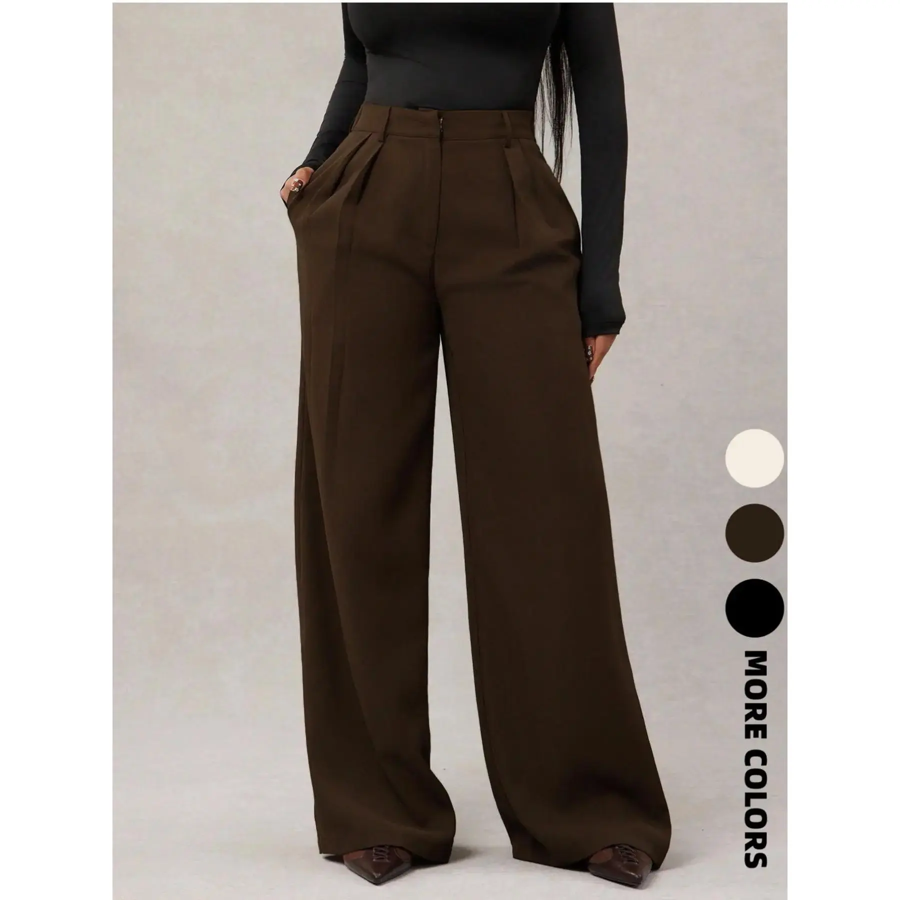 Women's Modest Islamic Solid Basic Palazzo Bottoms - High-Waisted Elastic Waist, Minimalist Plain Black, Versatile for Business and Leisure