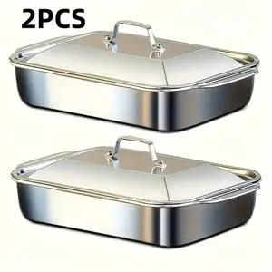 4pcs Set of 2 Deep Dishes and 2 Handle-Lid Stainless Steel Rectangular Baking Pans | 6L Capacity, 16.14-Inch Deep Roasting Pan, Fish Grill Tray, Lasagna Dish, Dishwasher Safe - Men's Gift for Father's Day, Best for Christmas,