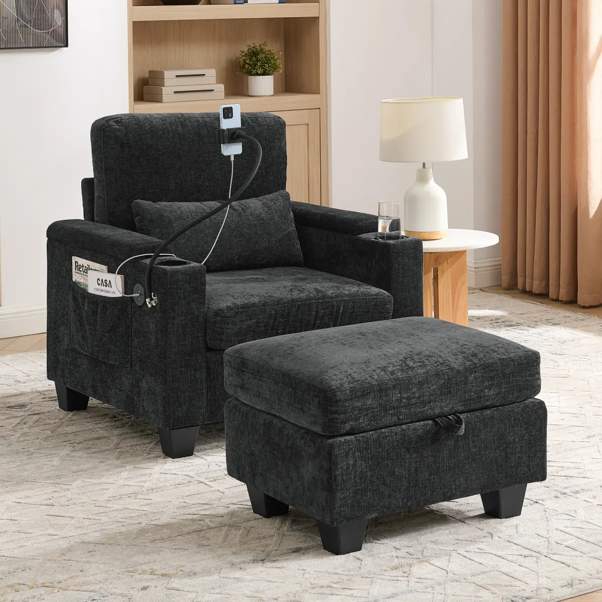 Chaise Lounge Chair Indoor with USB Port&Phone Holder,Chenille Recliner Small Sofa Chair with Storage Ottoman,Adjustable Backrest&Cup Holder,Convertible Sleeper Couch Bed for Living Room