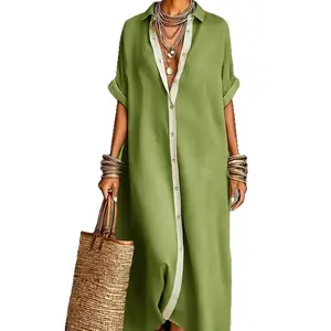 Boho Oversized Shirt Dress - Perfect for Beach, Vacation & Brunch! Contrast Trim Button Down Casual Loose Dress # ShirtDress # OversizedDress # ButtonDownDress # ContrastTrim # SummerDress # BohoFashion # MidiDress # DressesForWomen # Outfit of the Day