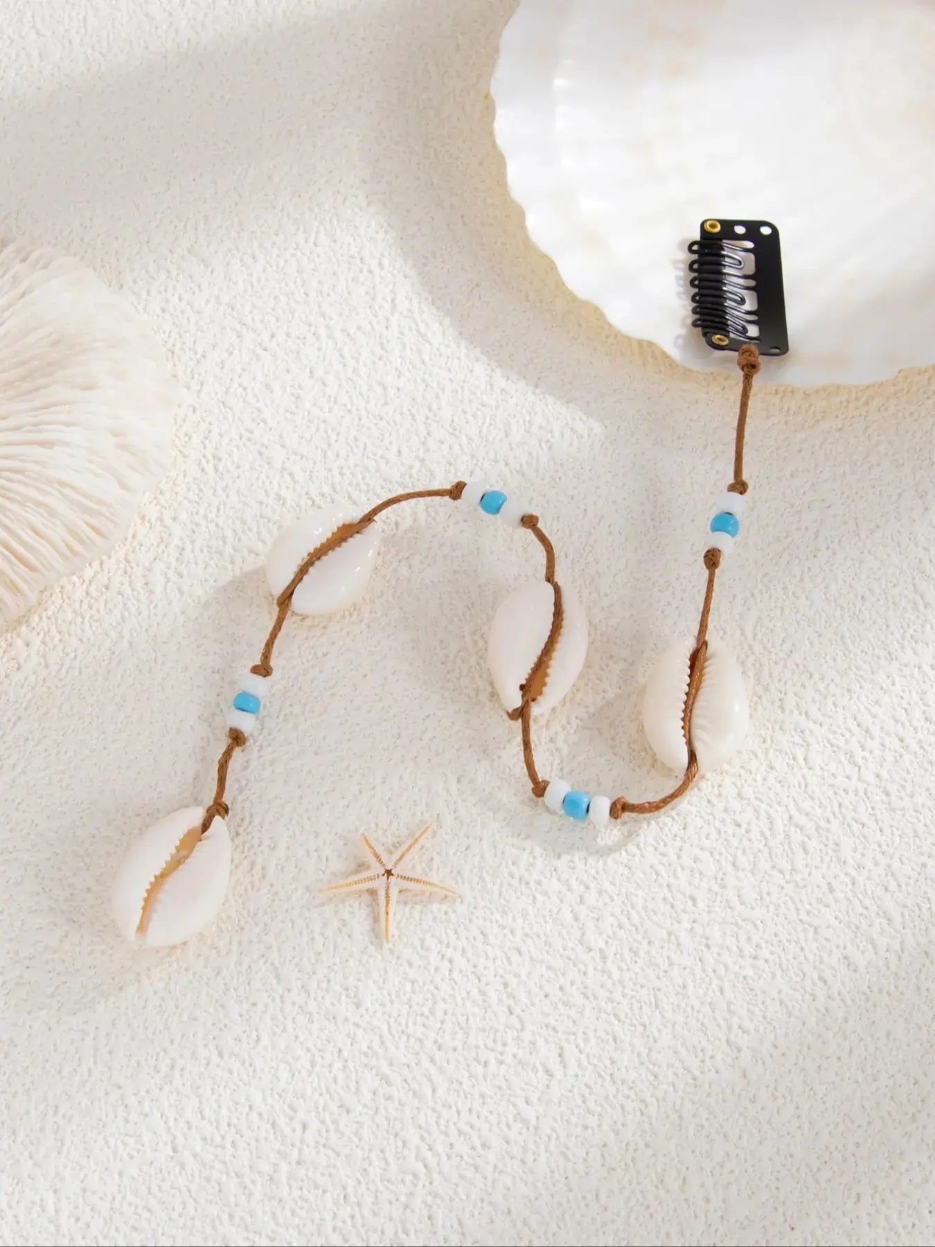 Boho Style Starfish Shell Beaded Hair Accessory for Women, Bead Embellishments, Long Braided Headband, Daily Party Wear, Fashionable Pearl Beads Design, Natural Motifs, Weave Hairpiece, Beach Hair Accessories, Hairband, Fashion Headbands