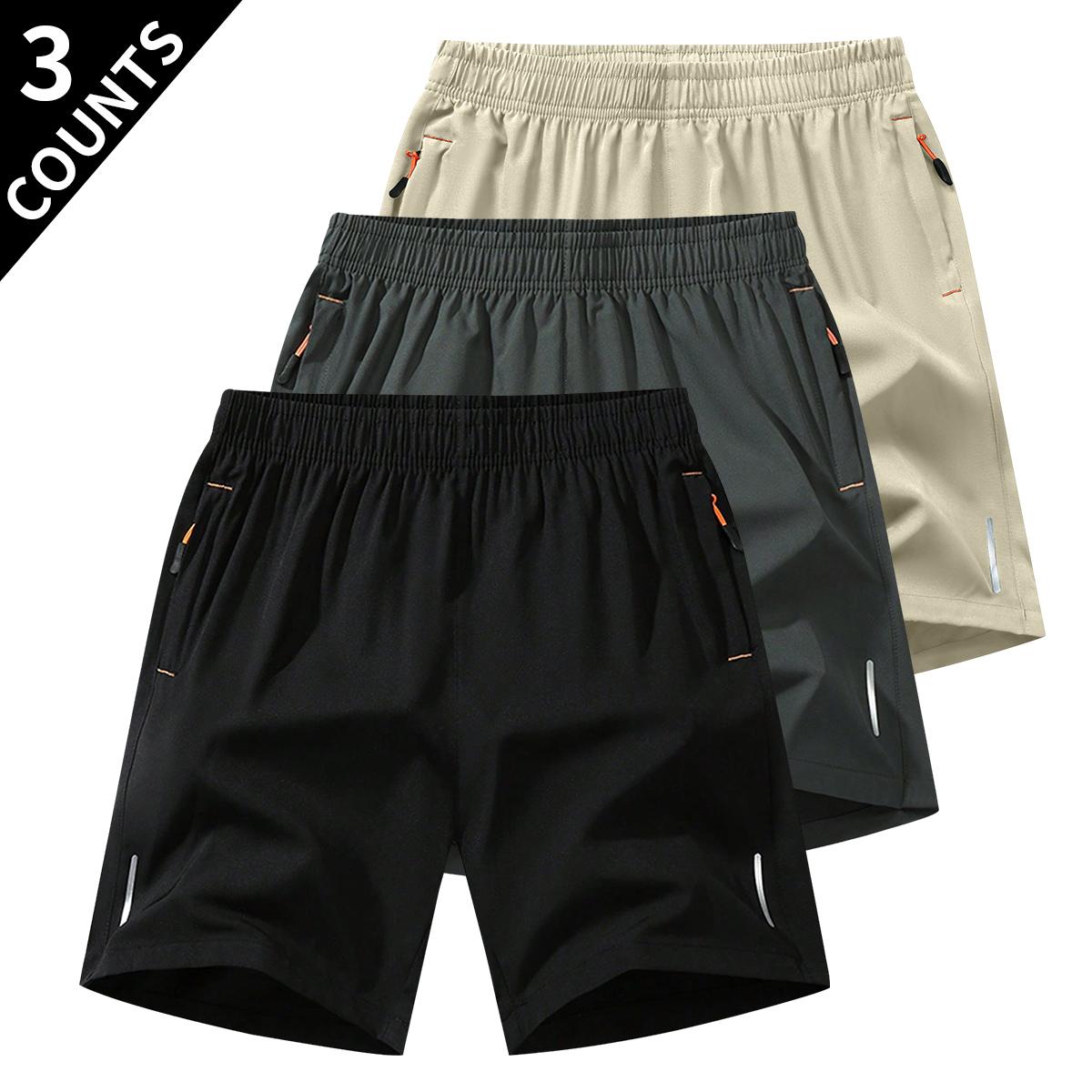 [New Arrival]Everyday Essentials Casual 3pcs Men's Summer Sports Shorts Breathable Quick Dry Fabric, Drawstring Waist with Zipper Pockets, Lightweight & Comfortable for Running, Hiking, Black, Navy Blue, Dark Gray Perfect Gift for Active Men